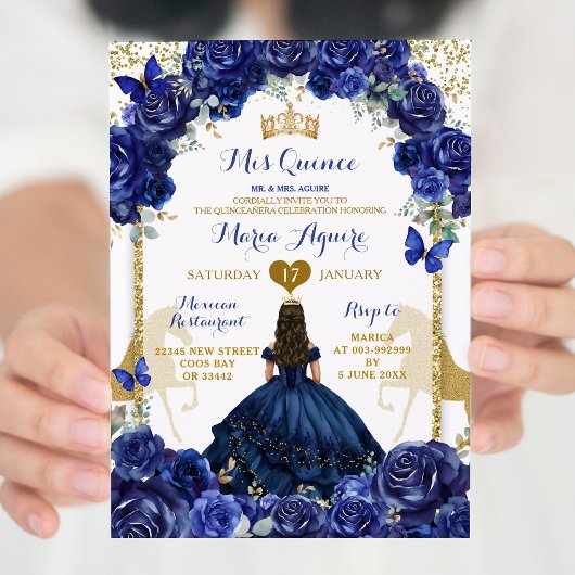 Invitation Cheval bleu Floral Or Princesse Quinceañera