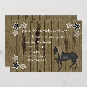 Invitation Cheval Brown et Fleurs, Faux Barn Bois Anniversair