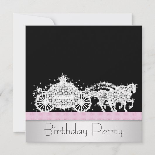 Invitation Cheval Carriage Rose Black Princesse Anniversaire (Devant)