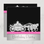 Invitation Cheval Carriage Rose Black Princesse Anniversaire (Devant / Derrière)