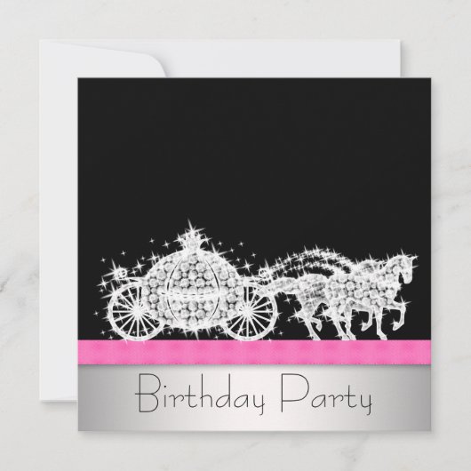 Invitation Cheval Carriage Rose Black Princesse Anniversaire (Devant)