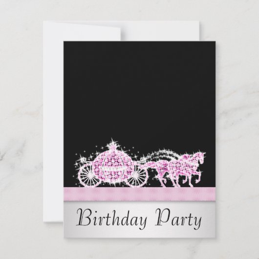 Invitation Cheval Carriage Rose Black Princesse Anniversaire (Devant)