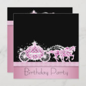 Invitation Cheval Carriage Rose Black Princesse Anniversaire (Devant / Derrière)