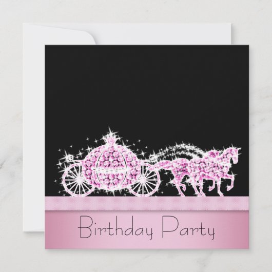 Invitation Cheval Carriage Rose Black Princesse Anniversaire (Devant)