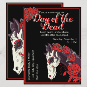 Invitation Cheval crâne avec Roses Rouges Dias de los Muertos