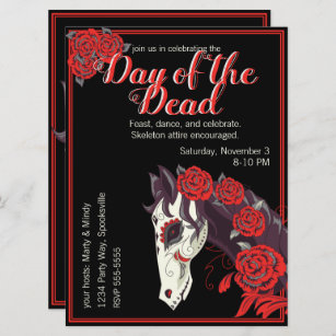 Invitation Cheval crâne avec Roses Rouges Dias de los Muertos