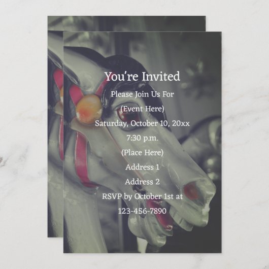 Invitation Cheval de carrousel noir et blanc fête (Devant / Derrière)