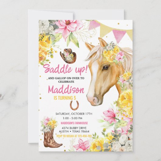 Invitation Cheval de fille à mâchoires à fleurs modifiable (Devant)