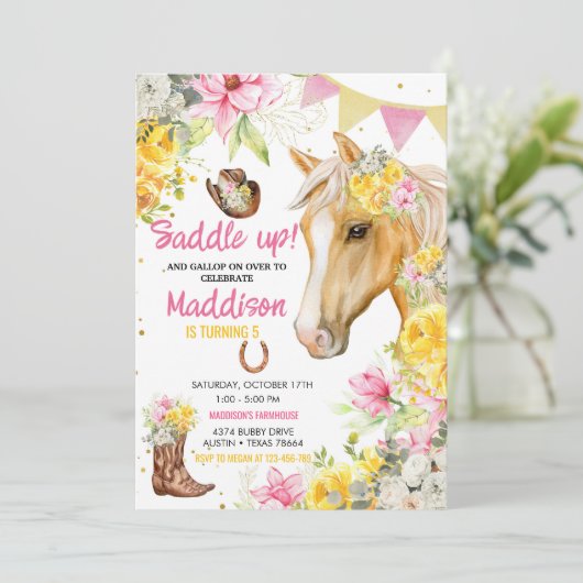 Invitation Cheval de fille à mâchoires à fleurs modifiable (Debout devant)