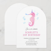 Invitation Cheval de mer rose sous la mer 1er anniversaire (Devant / Derrière)