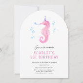 Invitation Cheval de mer rose sous la mer 1er anniversaire (Devant)