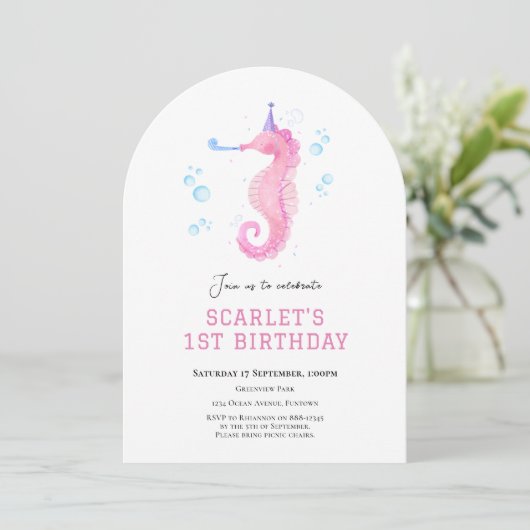 Invitation Cheval de mer rose sous la mer 1er anniversaire (Debout devant)