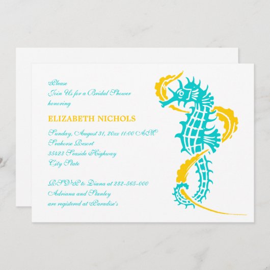 Invitation Cheval de mer turquoise, mariage jaune douche nupt (Devant / Derrière)