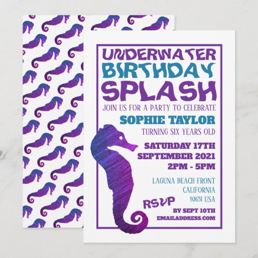 Invitation Cheval de mer violet, fête d'anniversaire aquatiqu (Devant / Derrière)
