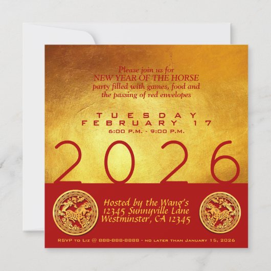 Invitation Cheval de Nouvel An Chinois 2026 Red Gold Party Sq (Dos)