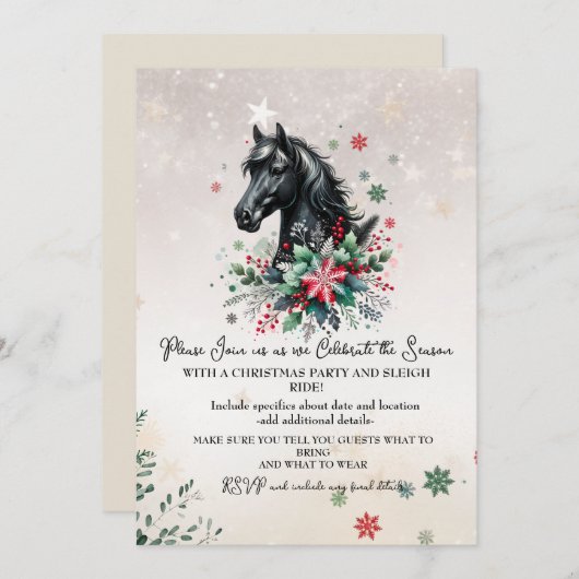 Invitation Cheval d'hiver de Noël aux fleurs (Devant / Derrière)