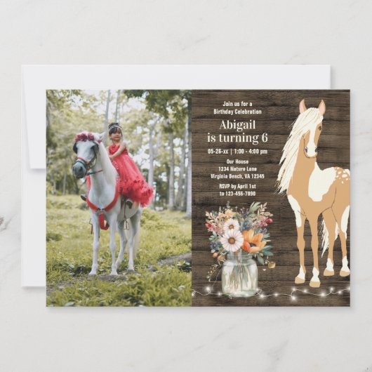 Invitation Cheval et fleurs Bois rustique Photo Anniversaire (Devant)
