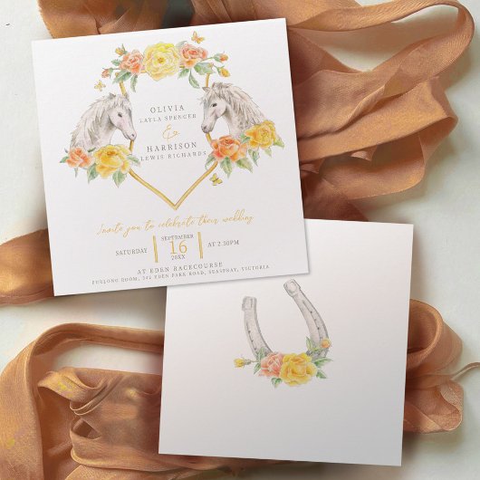 Invitation Cheval et rose aquarelle art carré mariage