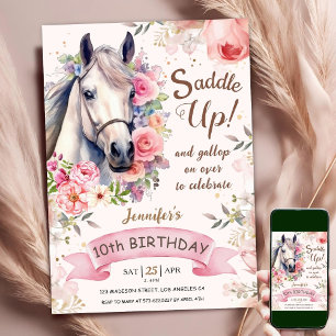 Invitation Cheval Fille 10e anniversaire Fleurs roses selle v