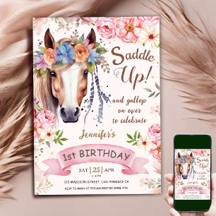 Invitation Cheval Fille 1er Anniversaire Rose Floral Cowgirl