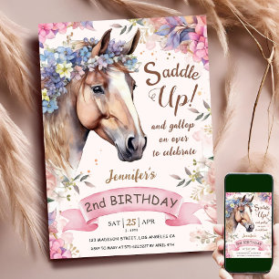Invitation Cheval Fille 2e anniversaire Fleurs roses selle ve
