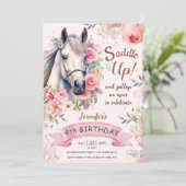 Invitation Cheval Fille 4e anniversaire Fleurs roses selle ve (Debout devant)