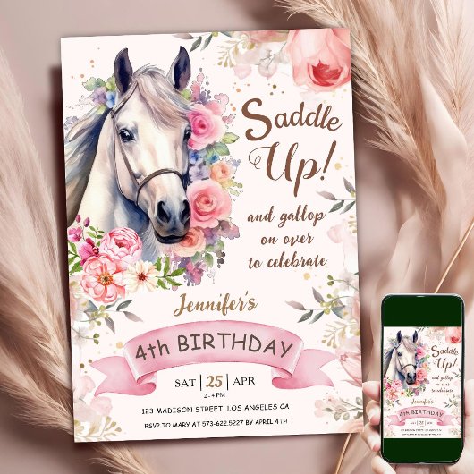 Invitation Cheval Fille 4e anniversaire Fleurs roses selle ve