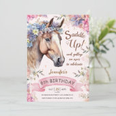 Invitation Cheval Fille 6e anniversaire Fleurs roses selle ve (Debout devant)