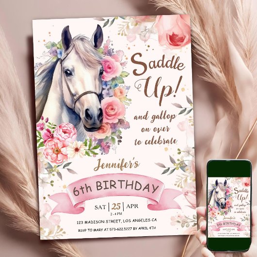 Invitation Cheval Fille 6e anniversaire Fleurs roses selle ve