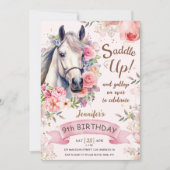 Invitation Cheval Fille 9e anniversaire Fleurs roses selle ve (Devant)