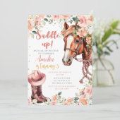 Invitation Cheval Fille Anniversaire Cowgirl rose Floral (Debout devant)