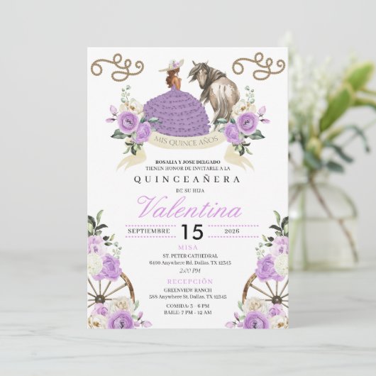 Invitation Cheval Lavender Cowgirl Rose Quinceañera (Debout devant)