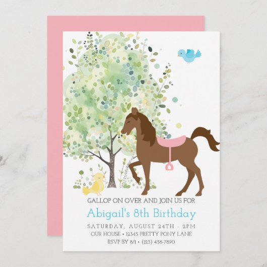 Invitation Cheval mignon, Arbres, Pony Rides Anniversaire équ (Devant / Derrière)