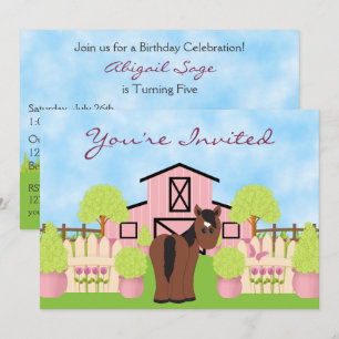 Invitation Cheval mignon ~ Jolie grange rose Anniversaire Inv