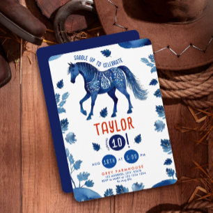 Invitation Cheval Poney Bleu Rustique Fête Western Aquarelle