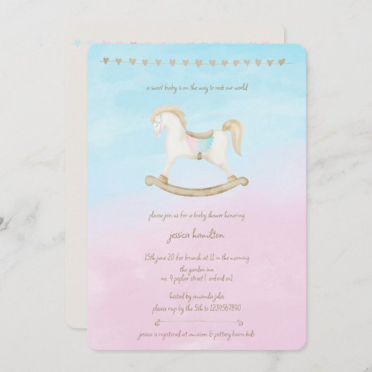 Invitation Cheval Rocher bleu rose Baby shower neutre pour le (Devant / Derrière)