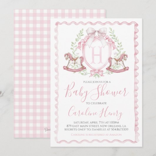 Invitation Cheval Rocheux Baby shower rose En vichy rose (Devant / Derrière)