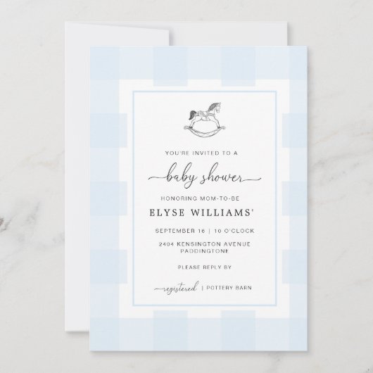 Invitation Cheval Rocheux Blue En vichy Baby shower Invitatio (Devant)