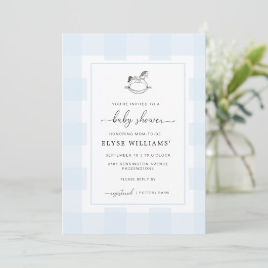 Invitation Cheval Rocheux Blue En vichy Baby shower Invitatio (Debout devant)