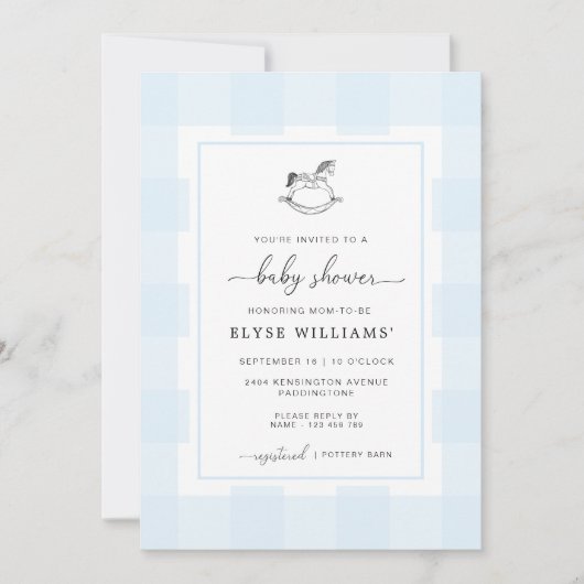 Invitation Cheval Rocheux Blue En vichy Baby shower Invitatio (Devant)