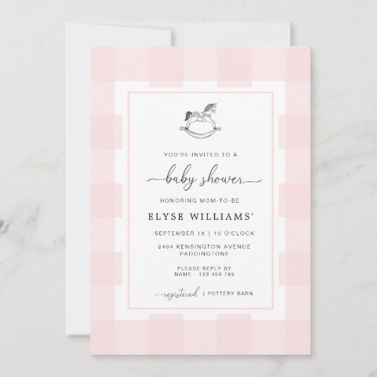 Invitation Cheval Rocheux Rose En vichy Baby shower Invitatio (Devant)