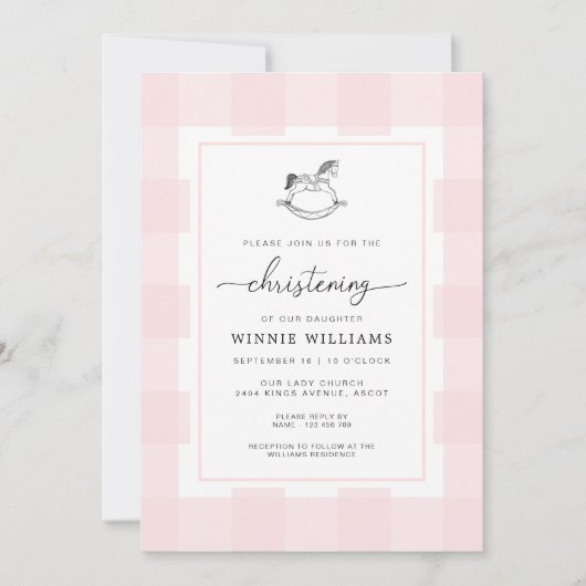 Invitation Cheval Rocheux Rose En vichy Christening Invitatio (Devant)