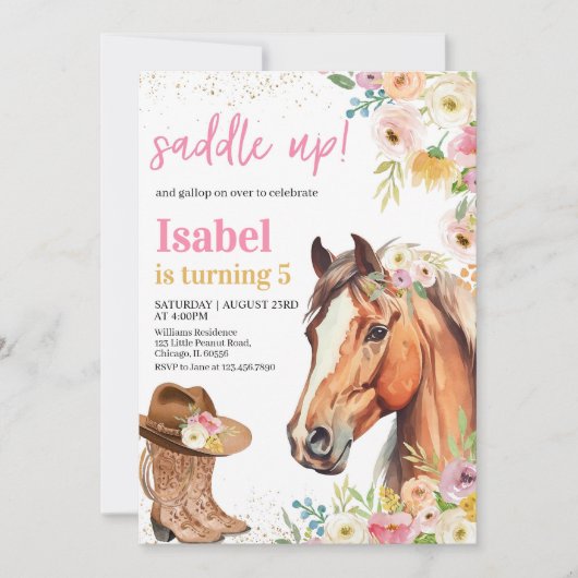 Invitation Cheval rose - Éditable - Cheval - Vache - Fille An (Devant)