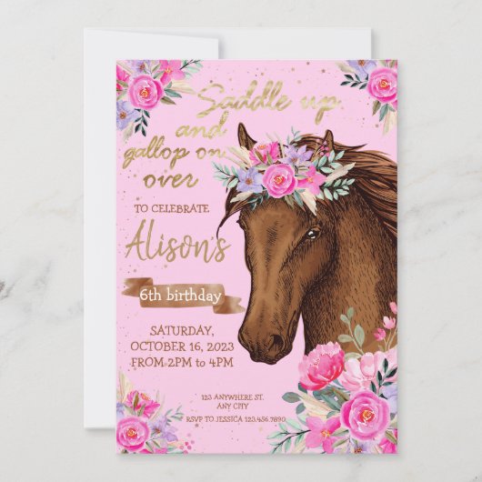 Invitation Cheval rose Fête d'Anniversaire (Devant)