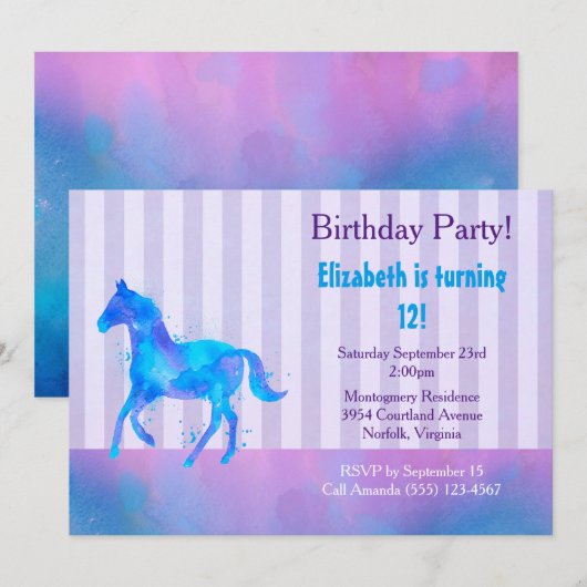 Invitation Cheval sauvage en Aquarelle bleu et violet Anniver (Devant / Derrière)