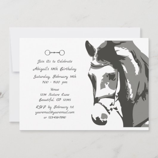 Invitation Cheval Sketch et Snaffle Bit, Gris Anniversaire (Devant)
