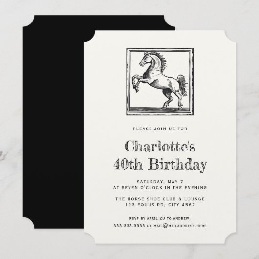Invitation Cheval vintage Equestrian Adulte 40e Anniversaire (Devant / Derrière)