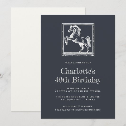 Invitation Cheval vintage Equestrian Adulte 40e Anniversaire (Devant / Derrière)