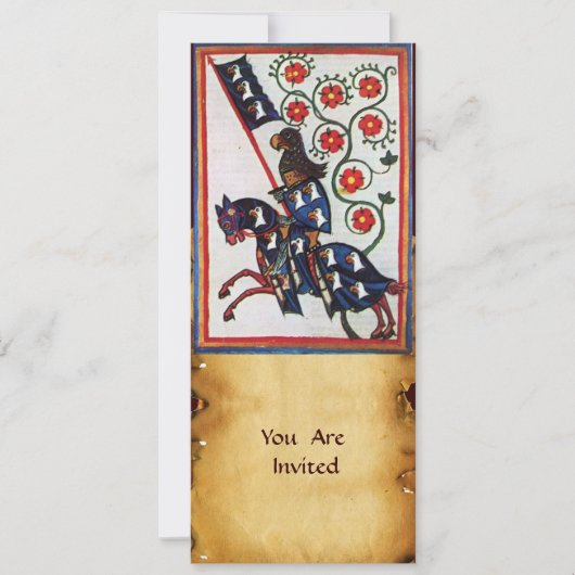 INVITATION CHEVALIER BLEU SUR HORSEBACK PARCHEMENT MÉDIÉVAL (Devant)