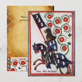 INVITATION CHEVALIER BLEU SUR HORSEBACK PARCHEMENT MÉDIÉVAL (Devant / Derrière)